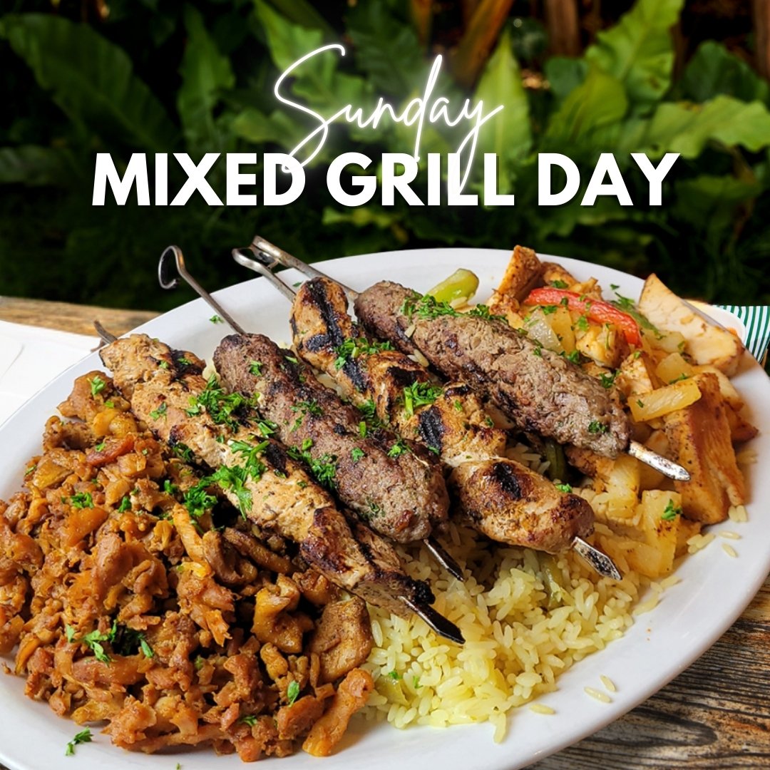 Plate of mixed grilled skewers with rice and vegetables, labeled Sunday Mixed Grill Day.