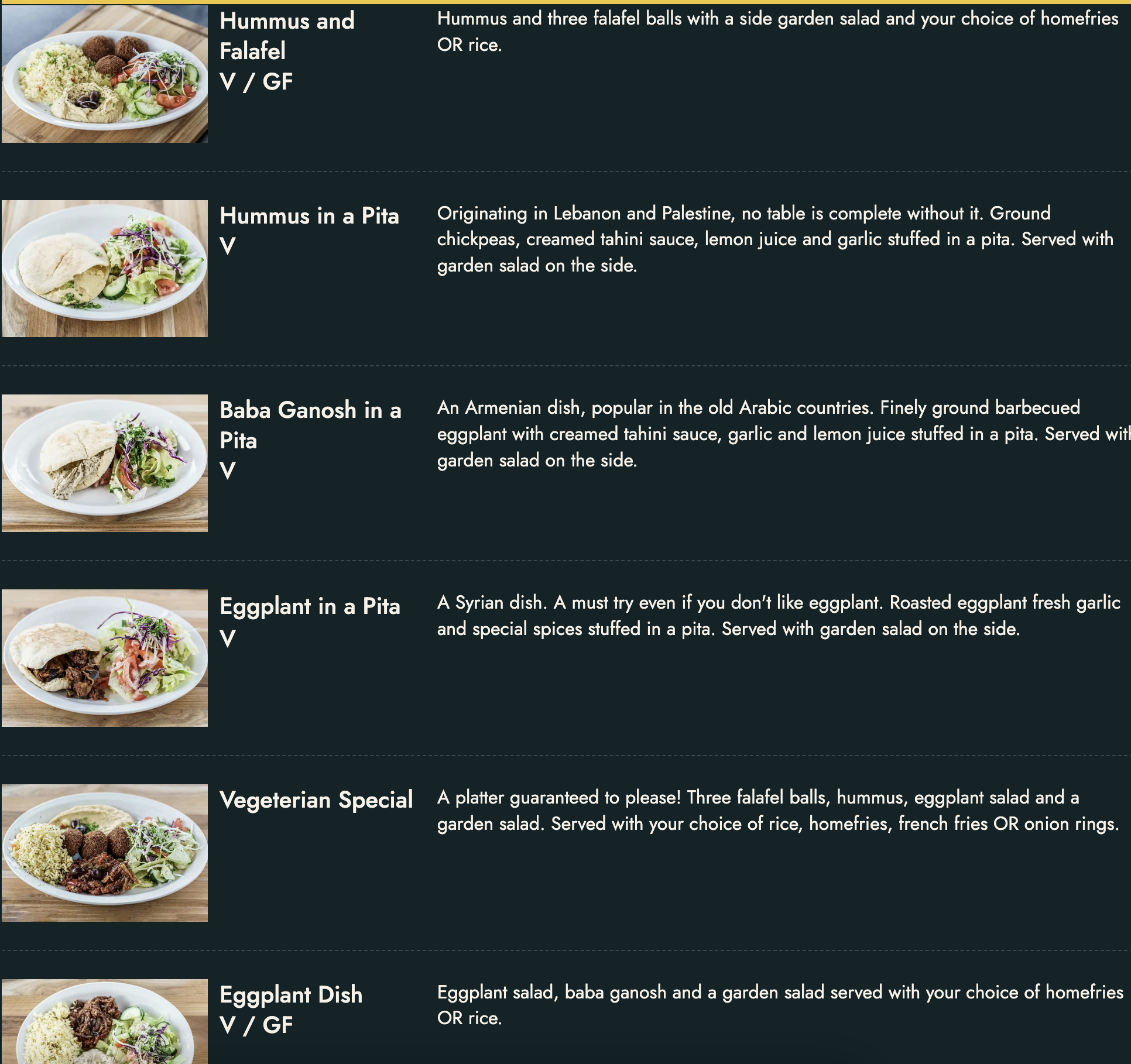 vegtarian menu of montfort restaurant