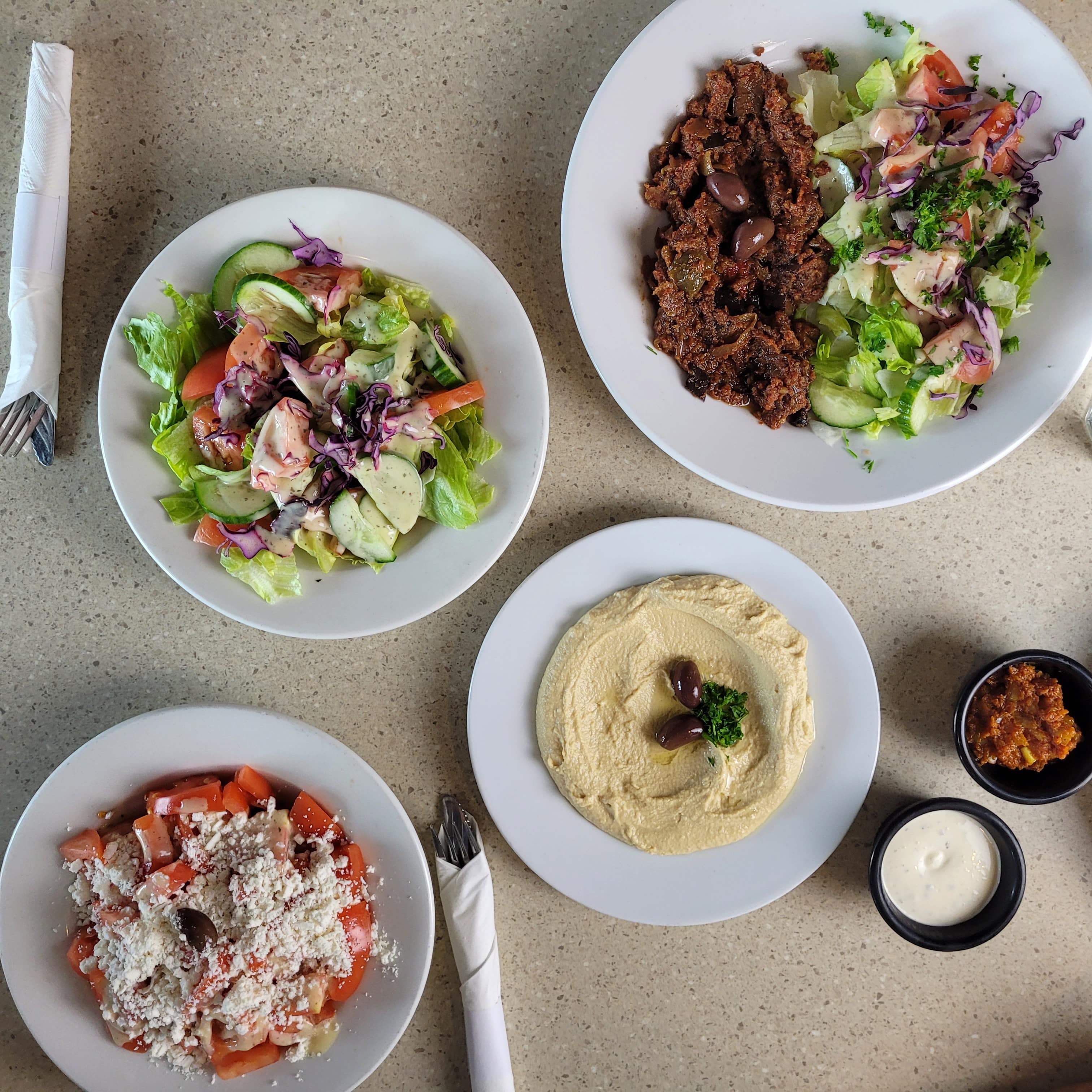 montfort lunch including salads, dips and hummus