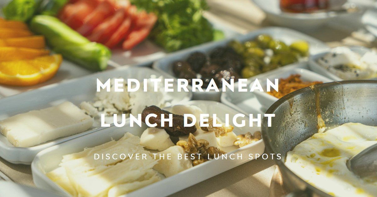Assortment of Mediterranean lunch foods including cheese, olives, nuts, and fresh vegetables displayed on white dishes.