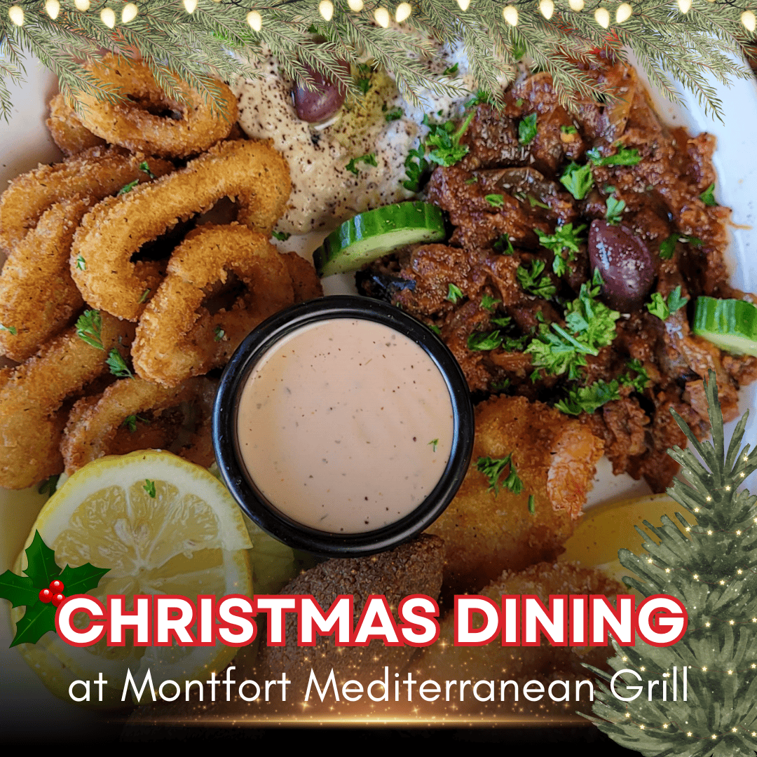 Plate of fried calamari, dipping sauce, lemon wedge, and Mediterranean-style garnishes with Christmas dining text overlay.