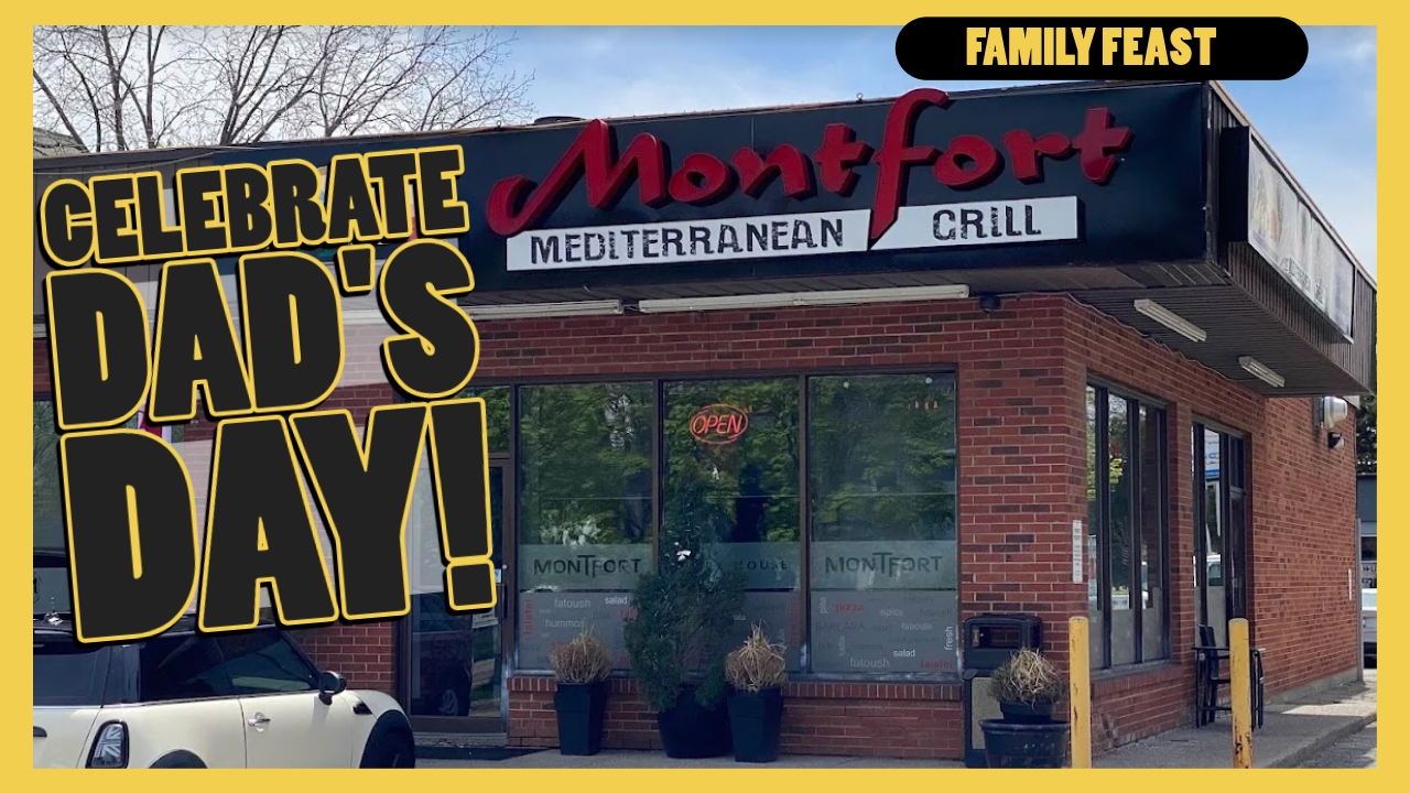 Montfort Mediterranean Grill storefront with an open sign, surrounded by text encouraging to celebrate Dad's Day with a family feast.