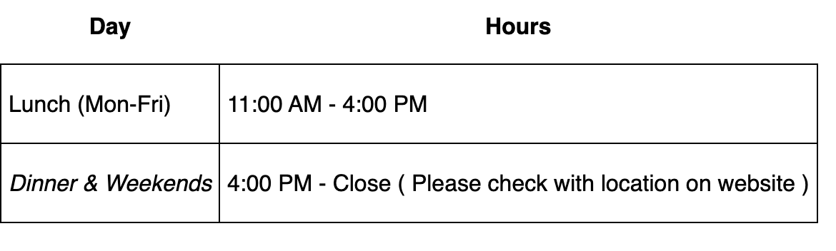 Table showing hours: Lunch Monday to Friday 11:00 AM to 4:00 PM; Dinner and Weekends 4:00 PM to close with a note to check website for location.