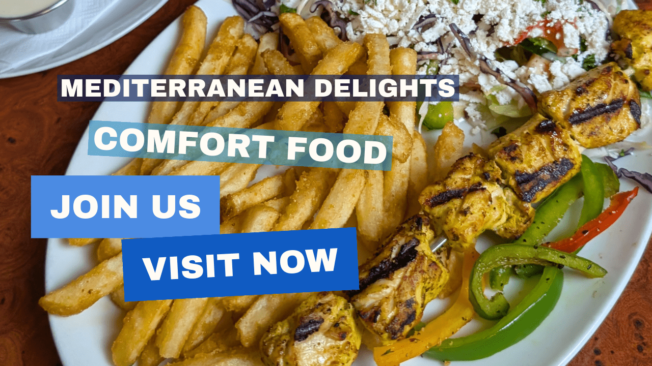 Plate of Mediterranean food with grilled chicken skewers, fries, sliced bell peppers, and a salad topped with feta cheese.